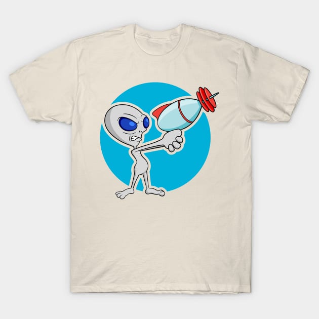 Little grey guy with a big ray gun T-Shirt by FlamingDerps